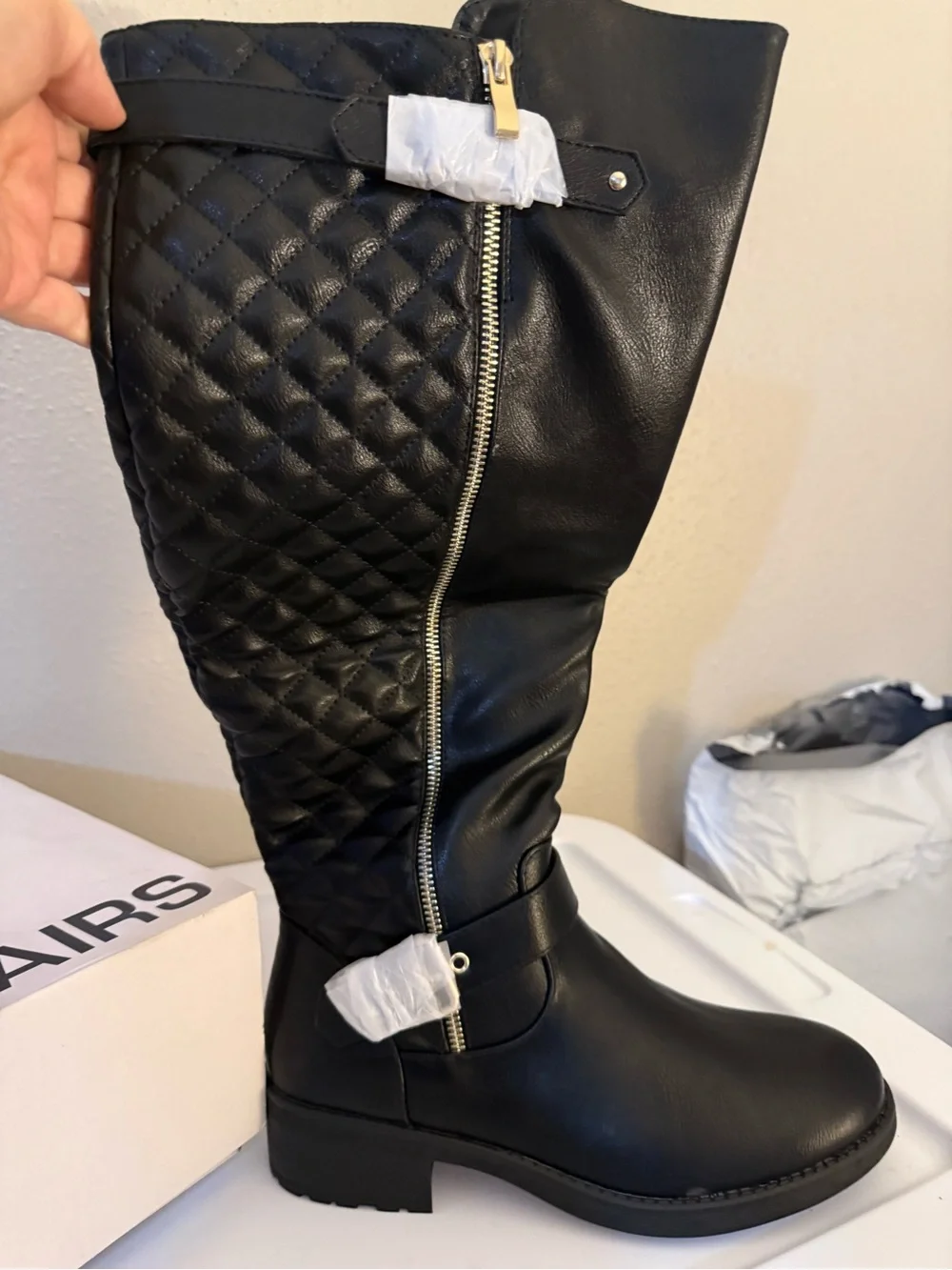 Dream Pairs Black Quilted Knee-High Boots with Gold Zipper